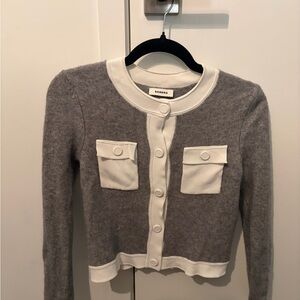 Sandro Grey Cardigan with Cream Trim and Pocket Details